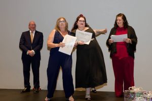 Finalists for the Employee of the Year at Carnegie had some fun on stage, with Annitta Macauley and Lisa Christopher jostling for the spotlight, and Narelle Wood (right) watching on. Narelle had the last laugh, taking out this category.