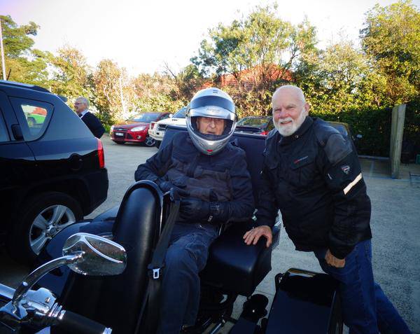 Two residents, Harold and Ken, at The Willows were treated to a great surprise when Peter and Geoff from the “National 3 Wheelers Association” arrived with their trikes offering to take them for a motorbike ride.  Harold and Ken jumped at the chance to take this opportunity and they had an absolute ball with Harold saying, “it was the best day of my life”. Ken has not stopped smiling since the ride.